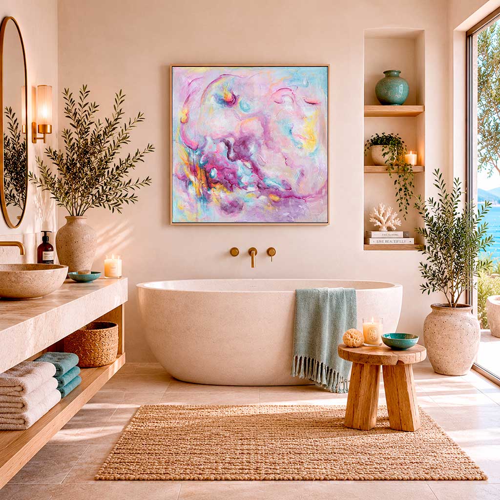 'Joy On Purpose' - Bright canvas artwork in vivid pink and luminous white — pink abstract wall art and colourful print full of deliberate joyful energy, by Kate Shephard Art.