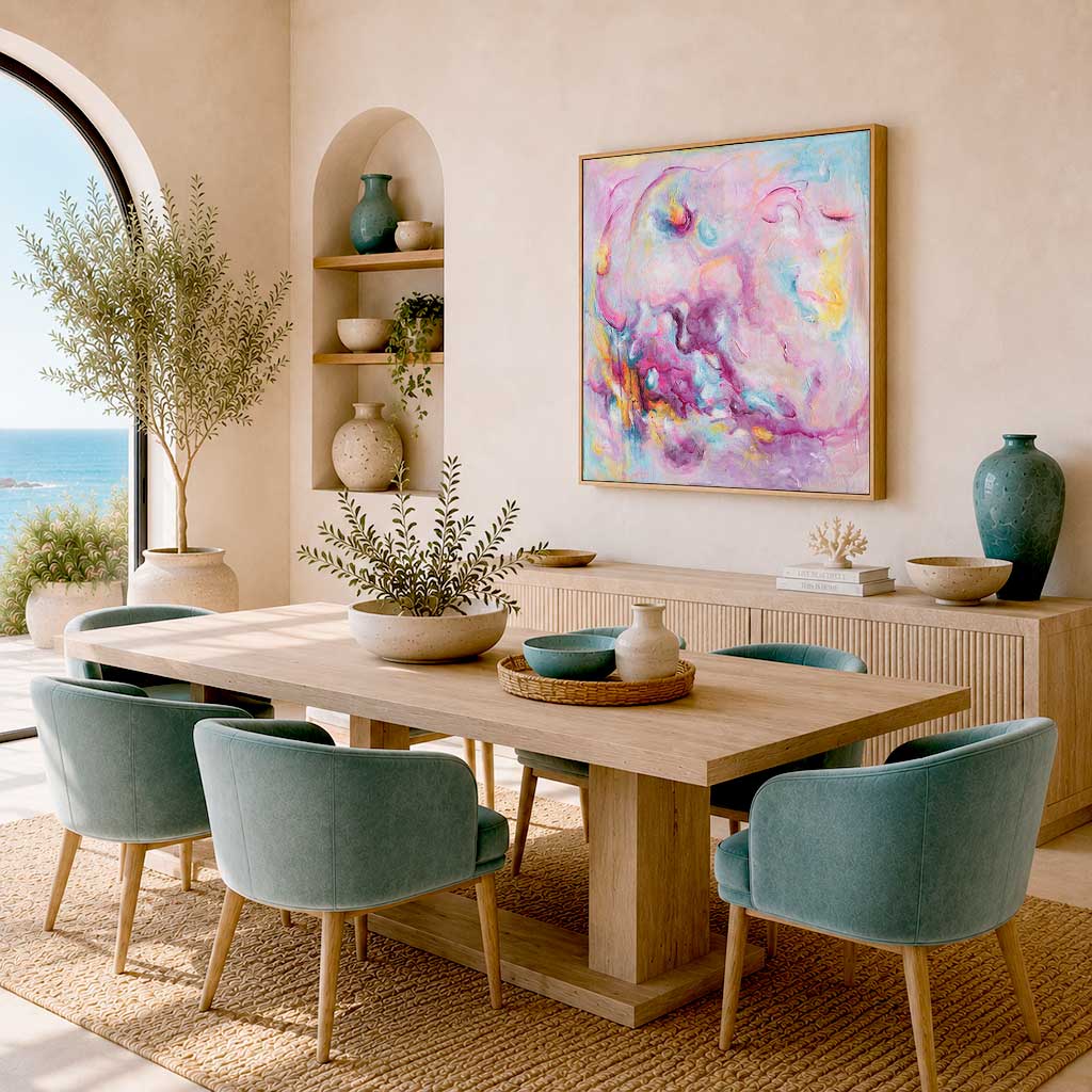 'Joy On Purpose' - A colourful print in vibrant pink, soft blue and luminous white — pink abstract wall art and bright canvas artwork from the Joy by Design collection, by Kate Shephard Art.