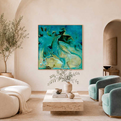 'Courage to Grow' - Close-up of expressive mixed media brushwork in rich teal and sandy cream, abstract ocean art seascape abstract art canvas print.