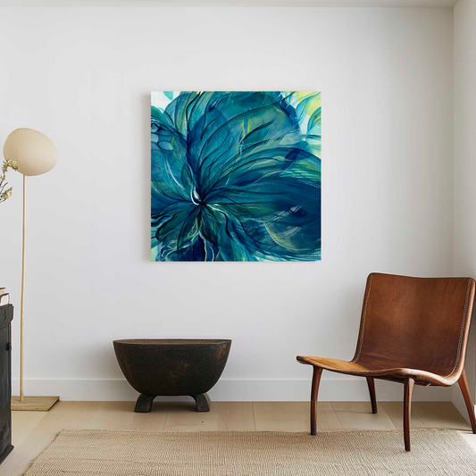 'Dancing in the Depths' - Contemporary Abstract Dark Blue Floral Wall Art Print featuring deep teal, blue and lime green tones on canvas.