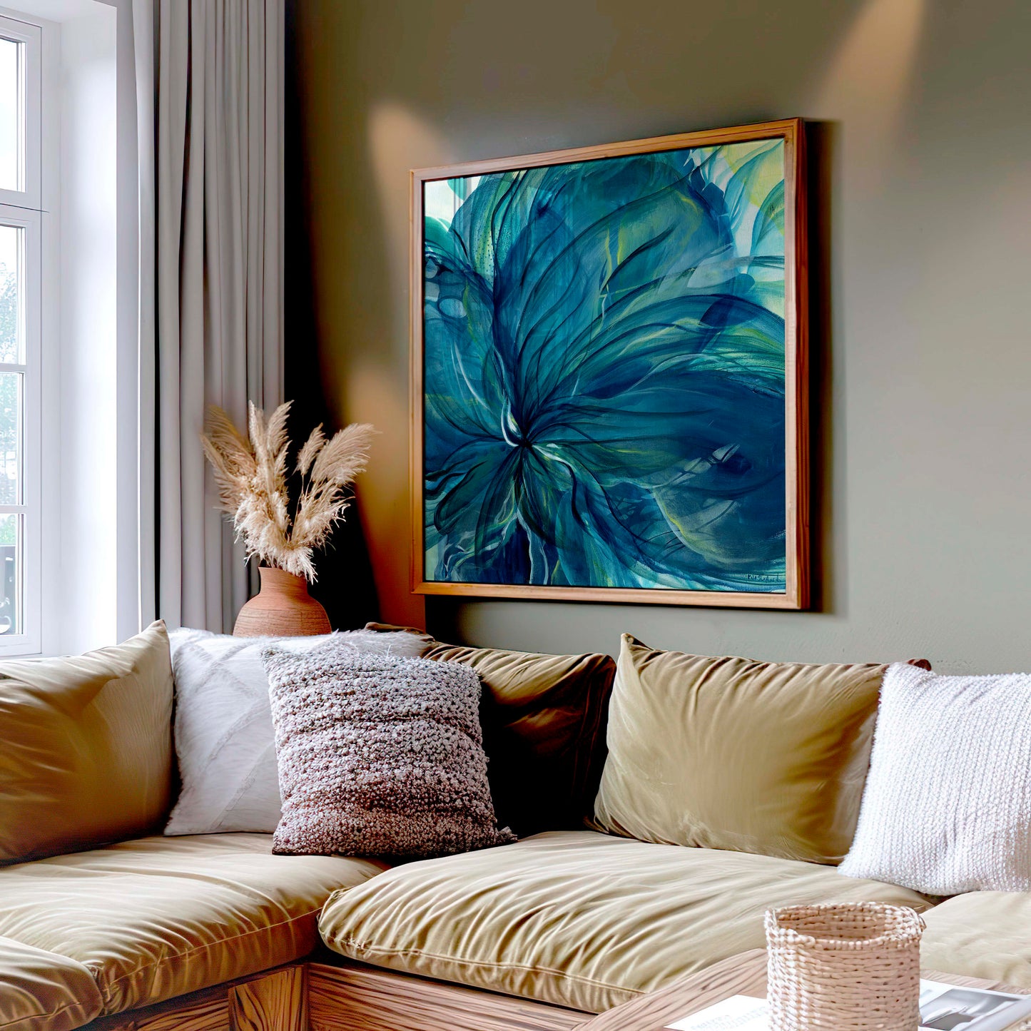 Contemporary abstract art print featuring deep blue floral forms with layered petals and dynamic energy