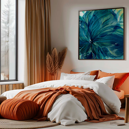 Rich blue abstract botanical fine art print with expressive brushstrokes and layered depth for bedroom wall art
