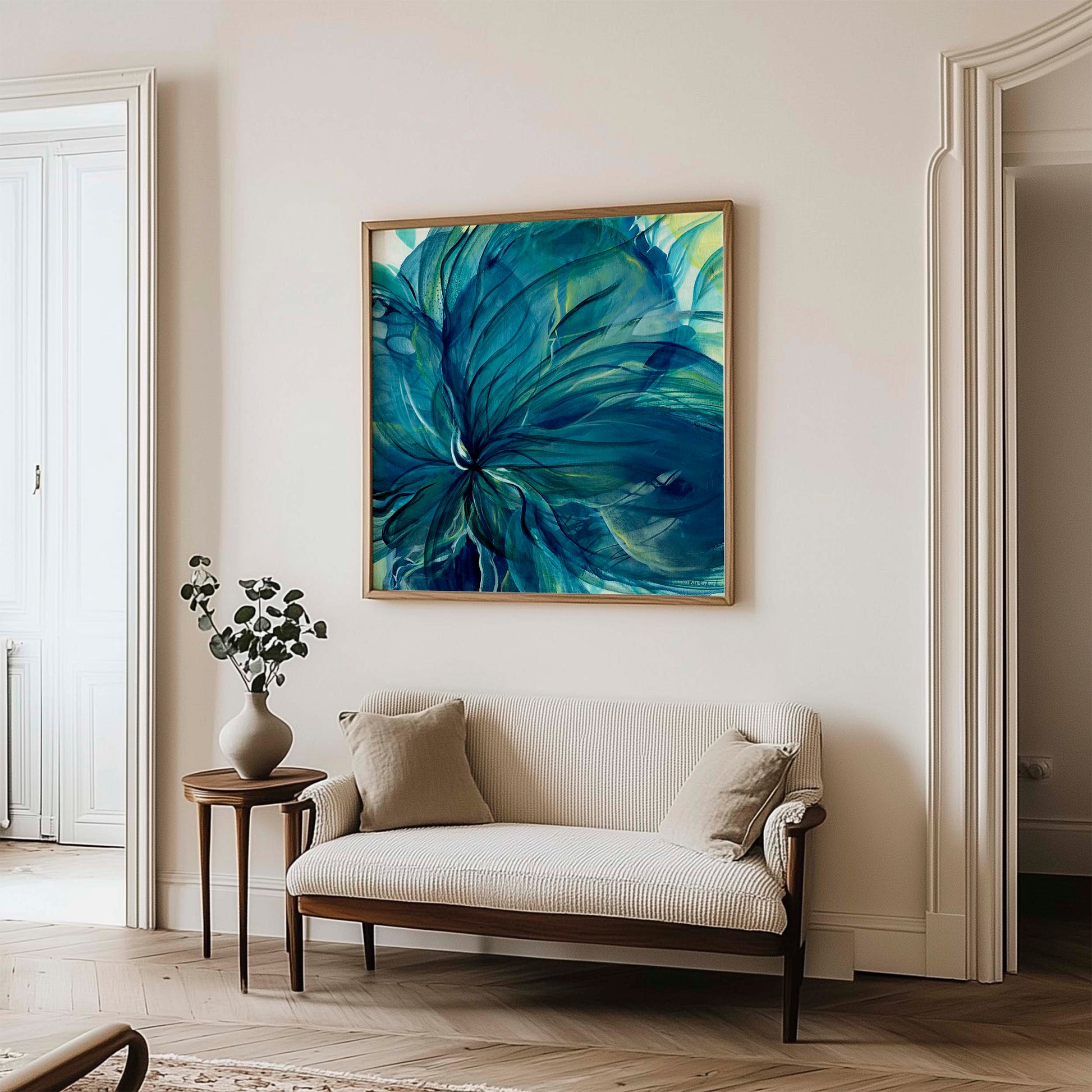 Modern abstract floral paper print with rich navy and cobalt tones creating dimensional petal-like layers