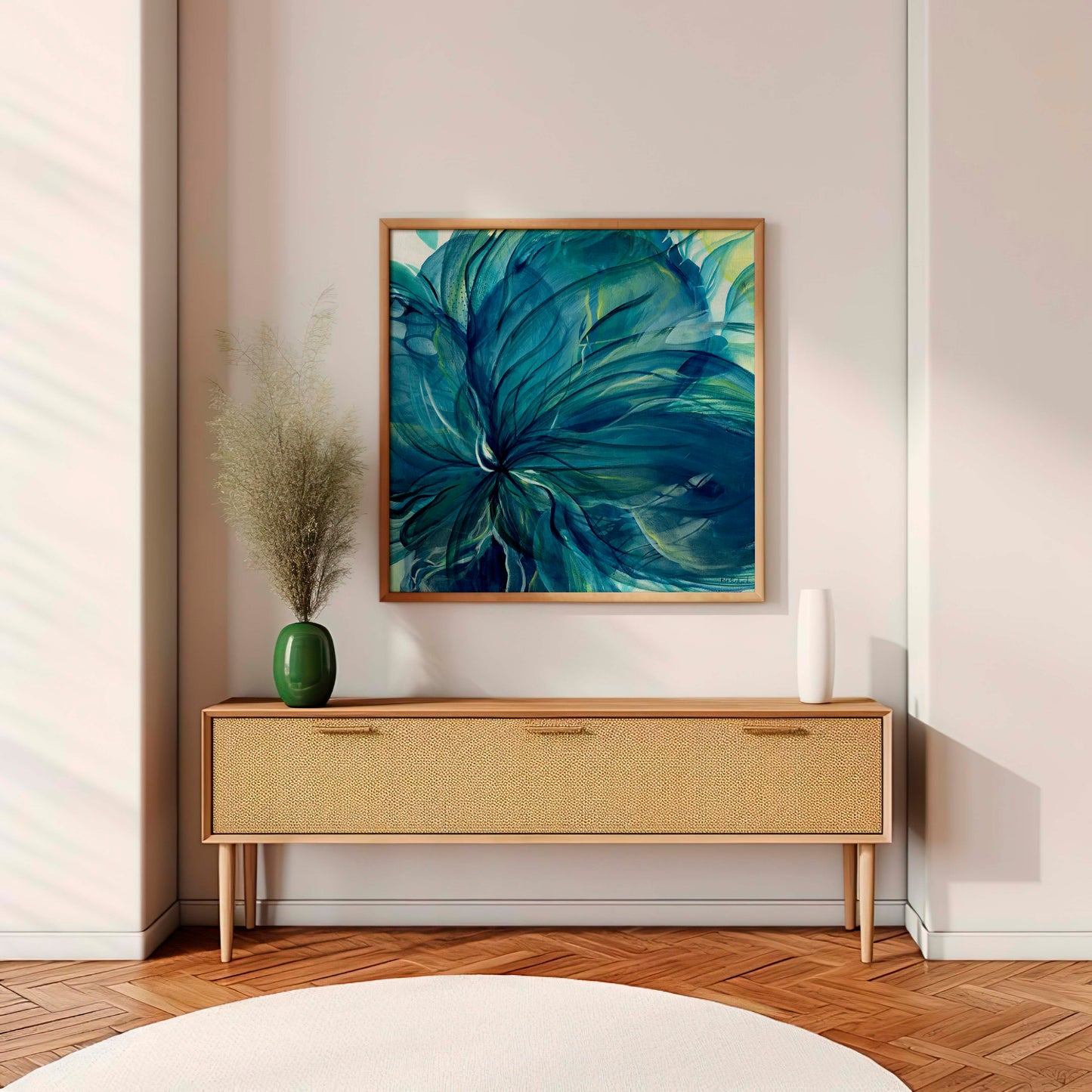 Dancing in the Depths blue botanical abstract print with painterly texture and emotional depth for modern interiors