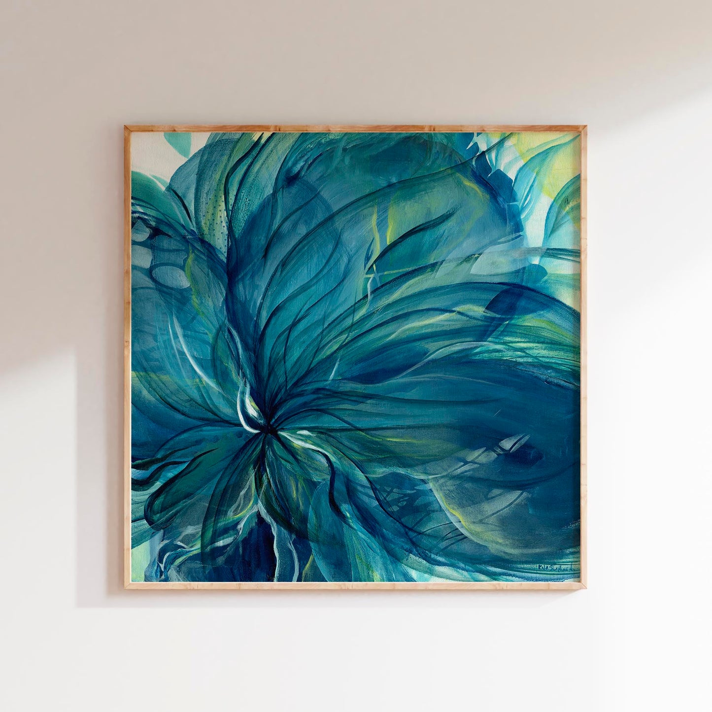 'Dancing in the Depths' - A richly layered abstract floral canvas print in deep teal and blue with hints of lime green — expressive oil painting that finds beauty and grace in life's darker seasons, by Kate Shephard Art.