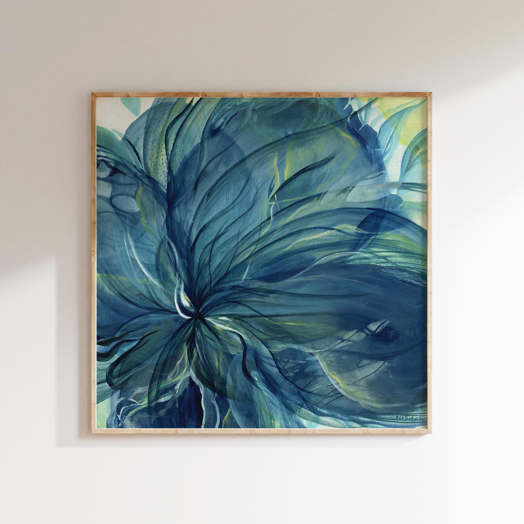 'Dancing in the Depths' - A richly layered abstract floral canvas print in deep teal and blue with hints of lime green — expressive oil painting that finds beauty and grace in life's darker seasons, by Kate Shephard Art.