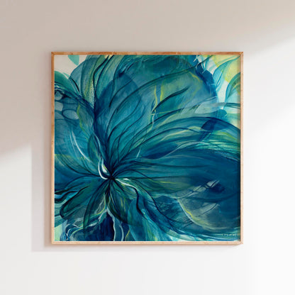 'Dancing in the Depths' - A richly layered abstract floral canvas print in deep teal and blue with hints of lime green — expressive oil painting that finds beauty and grace in life's darker seasons, by Kate Shephard Art.