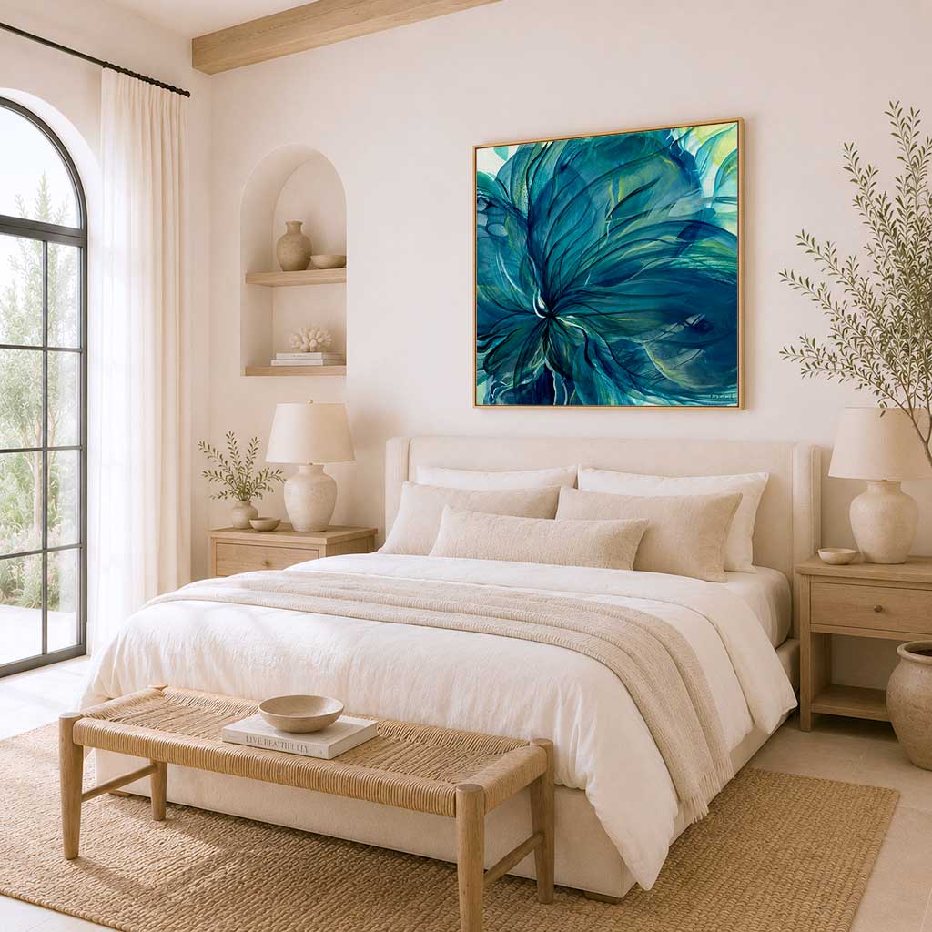 'Dancing in the Depths' - Contemporary floral canvas featuring deep teal, blue and lime green tones.