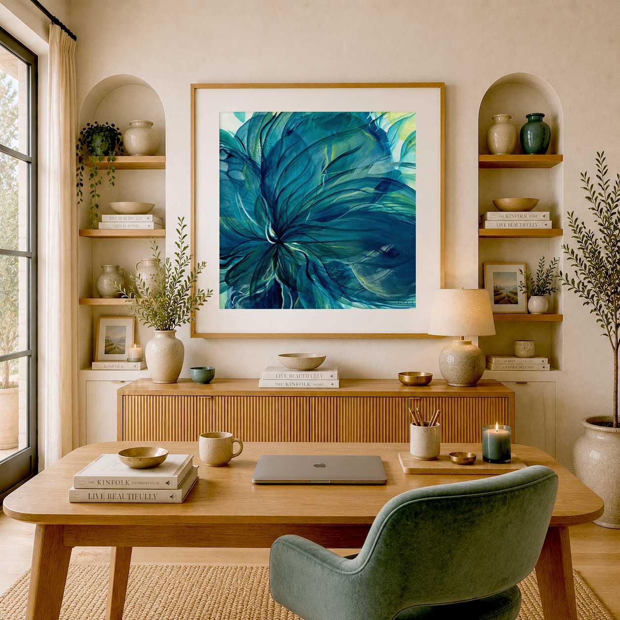Dancing in the Depths blue botanical abstract print with painterly texture and emotional depth for modern interiors