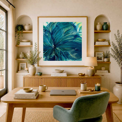 Dancing in the Depths blue botanical abstract print with painterly texture and emotional depth for modern interiors