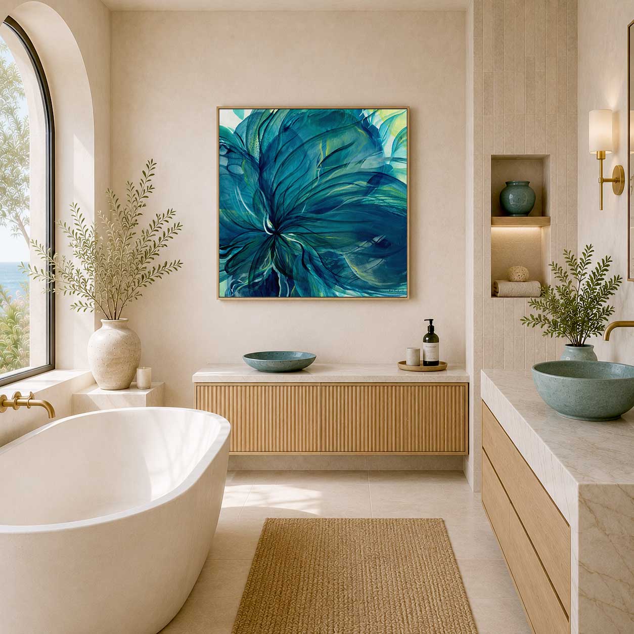 'Dancing in the Depths' - Contemporary Abstract Dark Blue Floral Wall Art Print featuring deep teal, blue and lime green tones on canvas.
