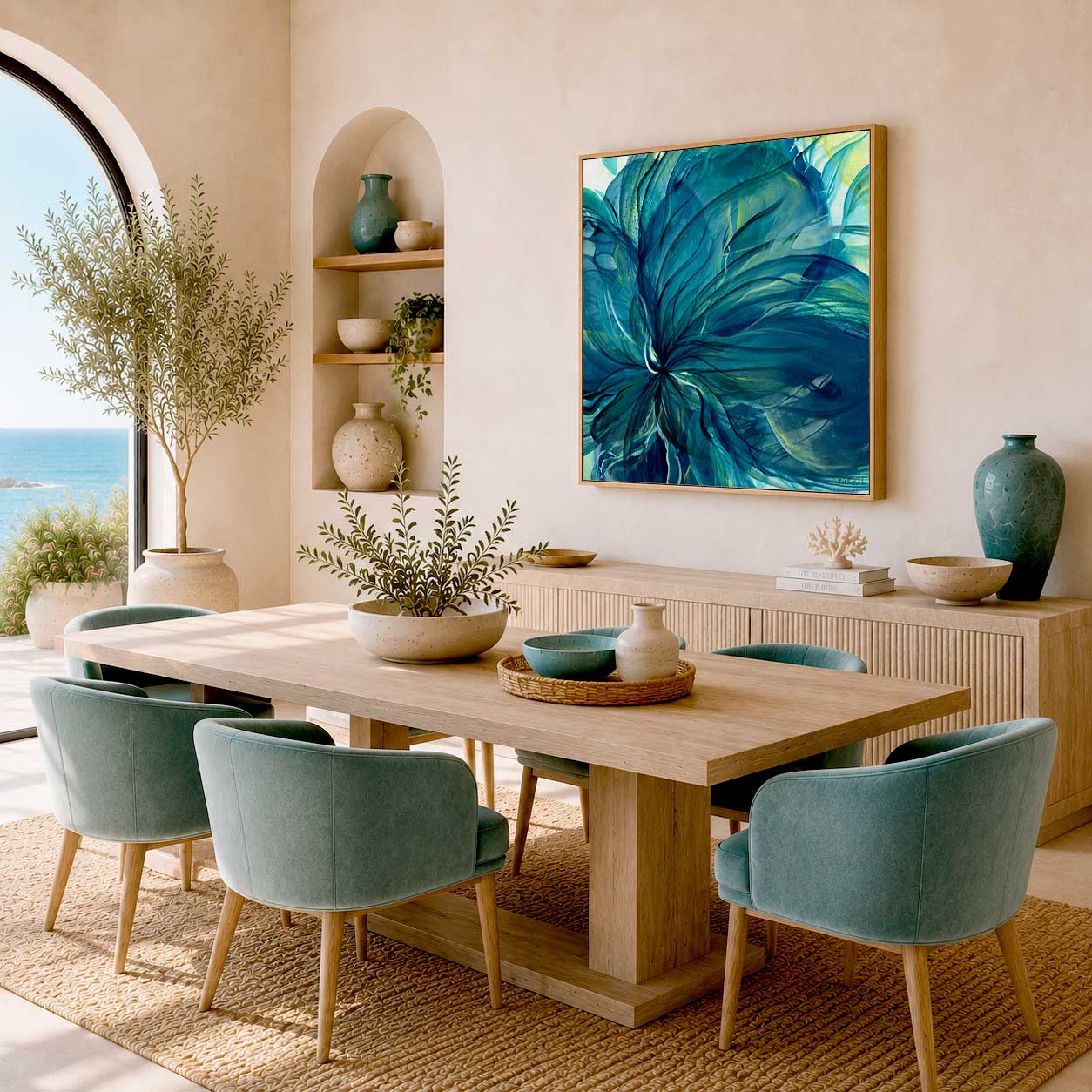 'Dancing in the Depths' - Abstract floral canvas print with rich teal and blue botanical petals.