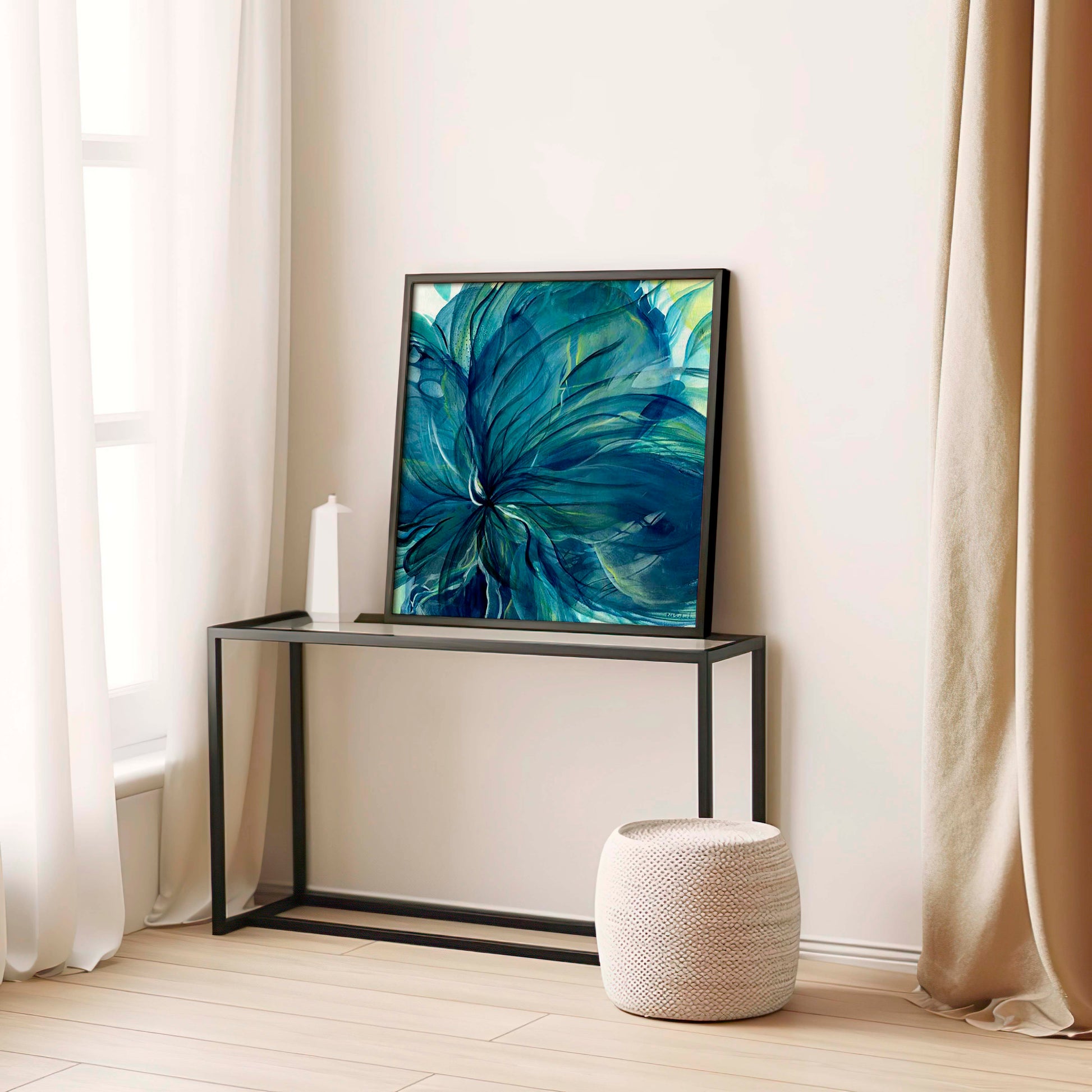 Expressive blue abstract botanical print featuring layered depths and flowing movement for sophisticated wall decor