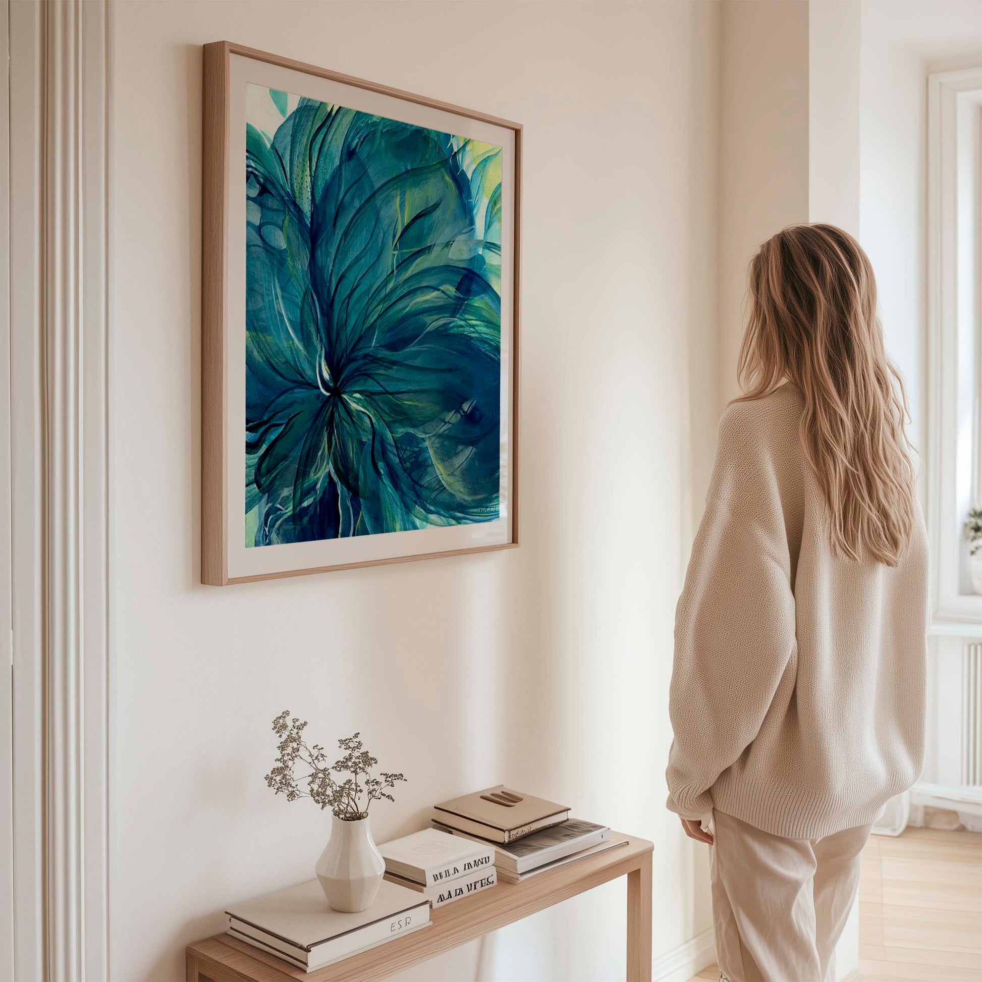 Contemporary abstract floral fine art print in deep blues with organic petal forms and painterly texture