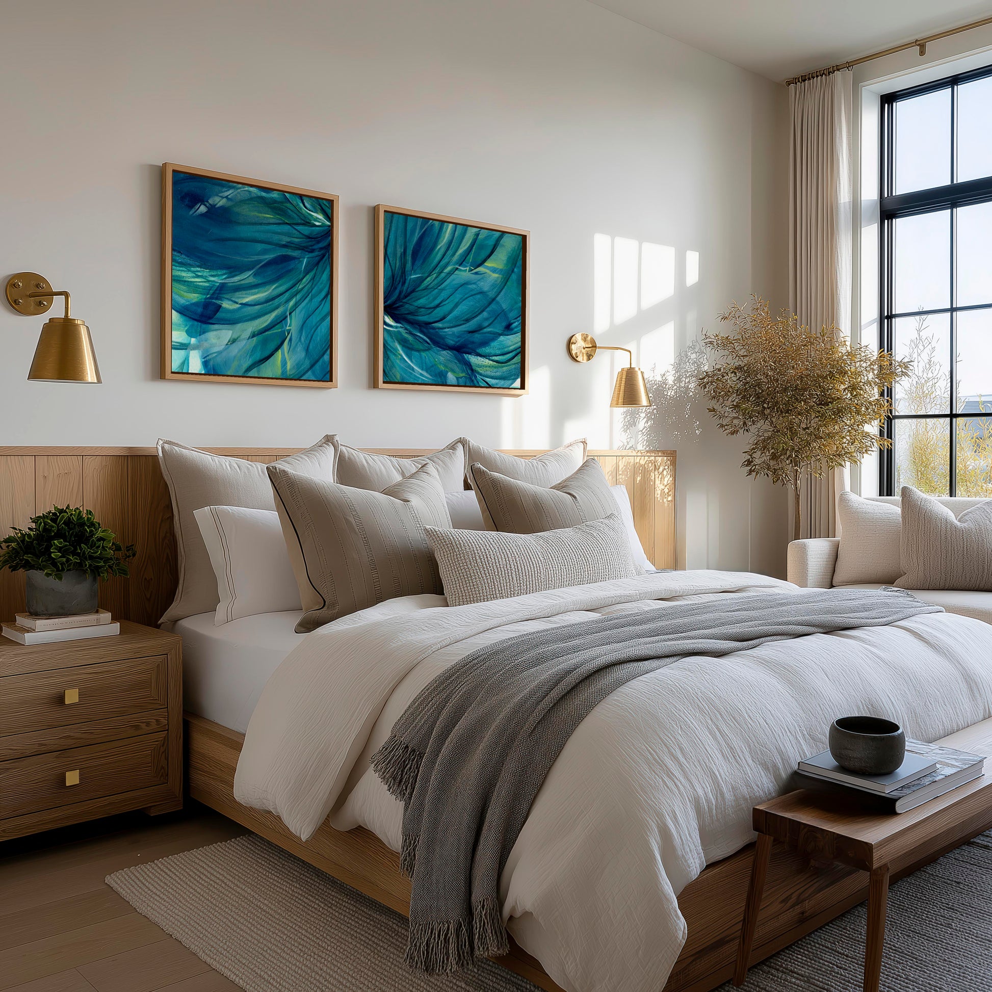 'Rising Through' - Expressive abstract two-panel canvas print in rich teal tones by Dorset artist Kate Shephard.