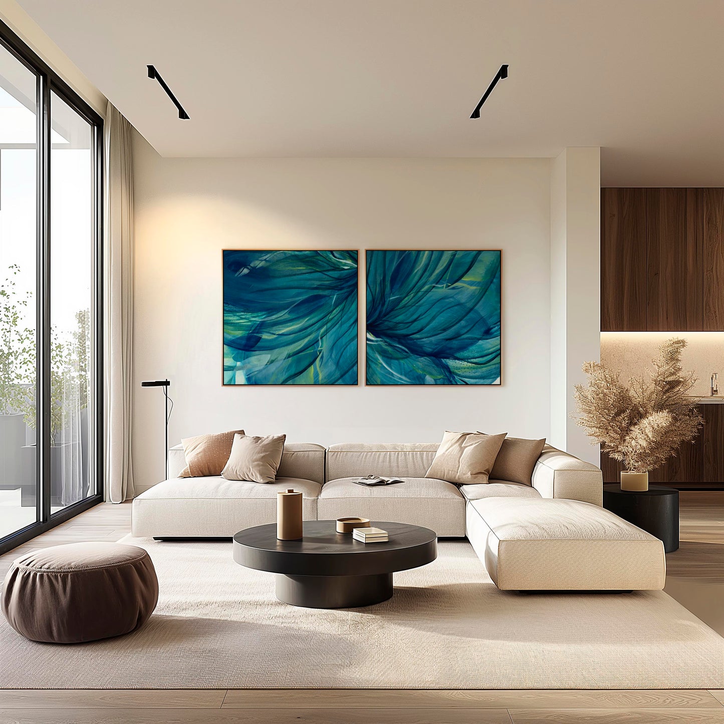 'Rising Through' - Bold abstract floral diptych in sweeping teal and blue tones for modern contemporary interiors.