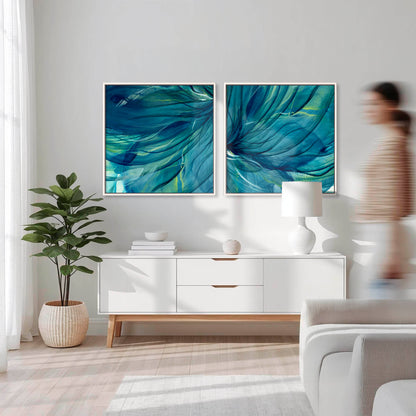 'Rising Through' - Dark teal two-piece canvas wall art with flowing organic forms for growth inspired home decor.