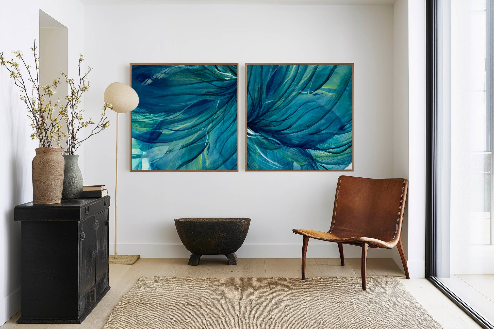 'Rising Through' - Abstract diptych print set in deep blue and teal with lime green accents for expressive wall art.