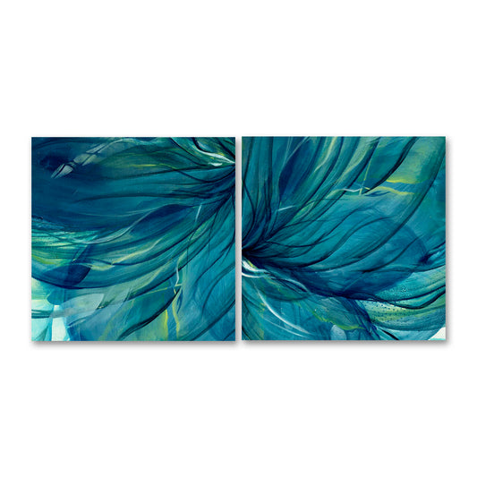 'Rising Through' - Stunning two-panel abstract wall art in layered teal and blue tones for bold interior spaces.