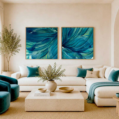 'Rising Through' - Bold abstract floral diptych in sweeping teal and blue tones for modern contemporary interiors.