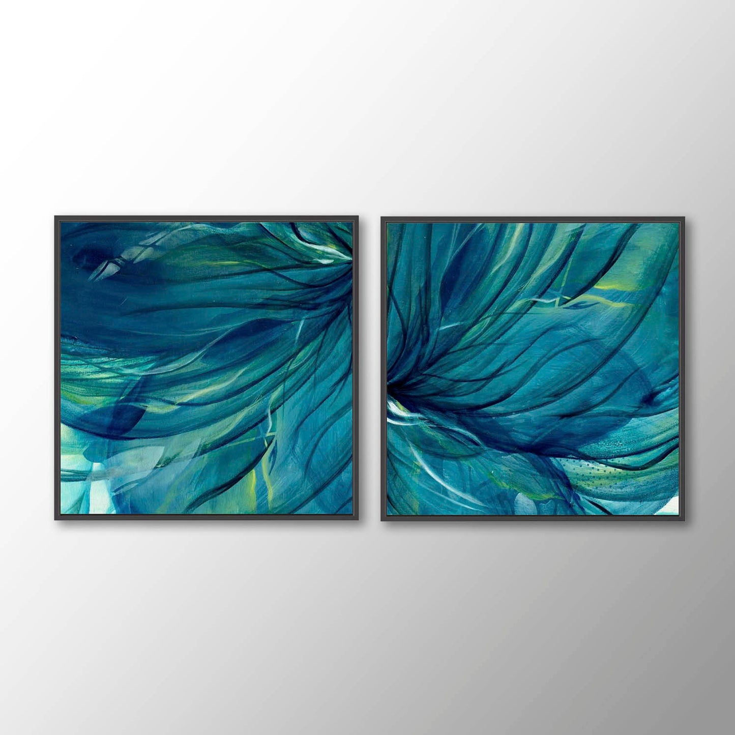 'Rising Through' - Dark teal abstract diptych canvas print set with sweeping forms and deep blue tones for bold wall art.