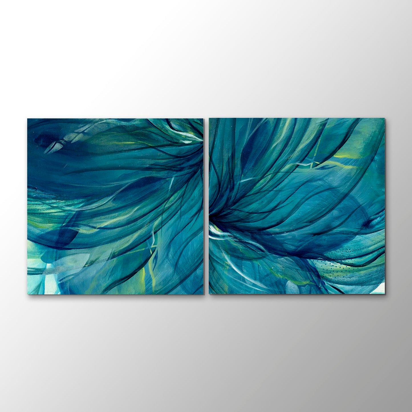 'Rising Through' - Abstract floral diptych print set in deep teal and lime green for modern statement wall art.