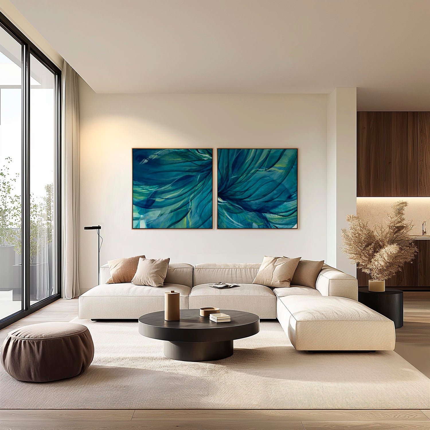 'Rising Through' - 'Rising Through' - Dark Teal Wall Art On Canvas, Abstract Print Set Of 2 in sweeping blue and teal tones bringing powerful energy to any wall.