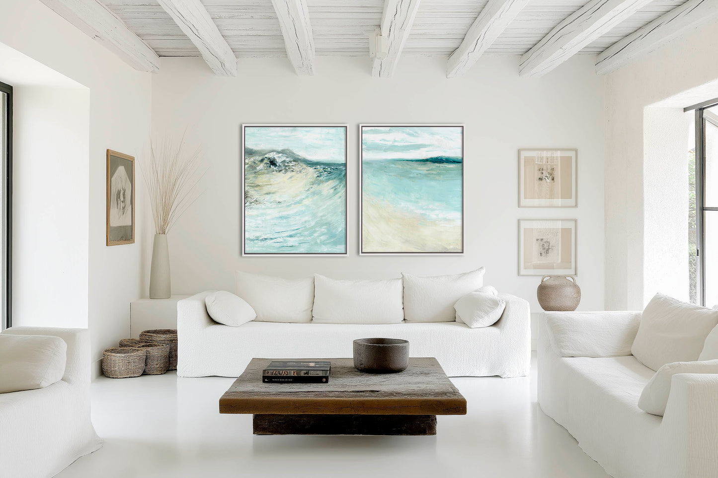 'Coastal Calm' - Set of 2 Dorset beach art paintings in soft blues, teal and sandy cream, coastal wall art for the home.