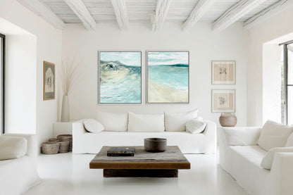 'Coastal Calm' - Set of 2 Dorset beach art paintings in soft blues, teal and sandy cream, coastal wall art for the home.