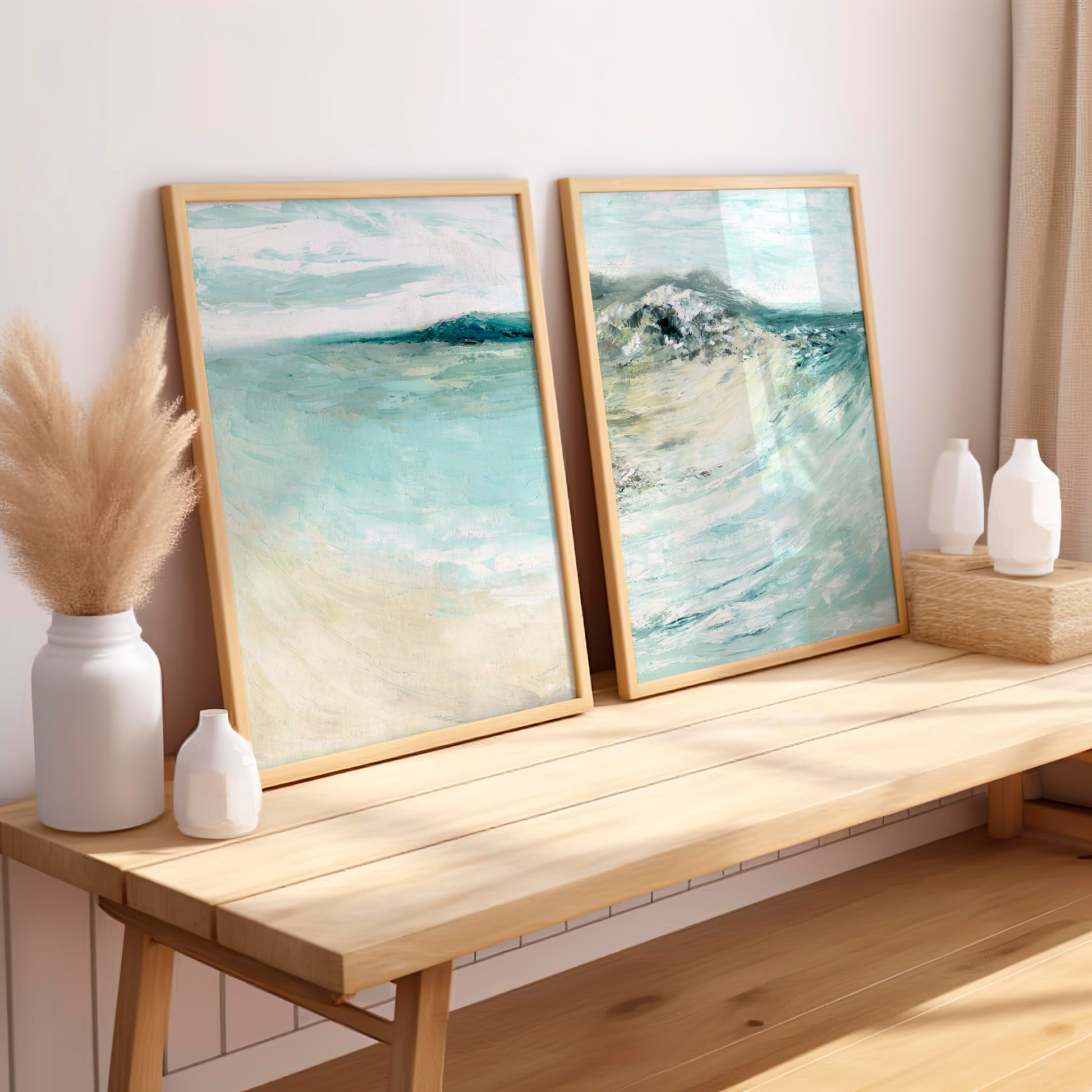 'Coastal Calm' - Set of 2 prints inspired by the Dorset coast, soft blues, teal and creamy sandy tones.