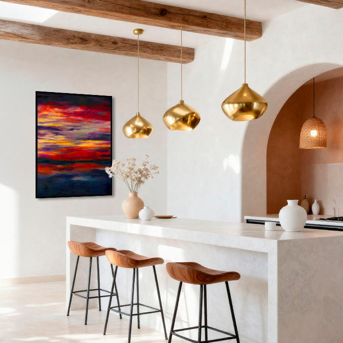 'Midnight Embers' - A bold dramatic original art oil painting in burning reds, vivid yellows and deep navy charcoal — sunset artwork painting that brings extraordinary solace to any room, by Kate Shephard Art.