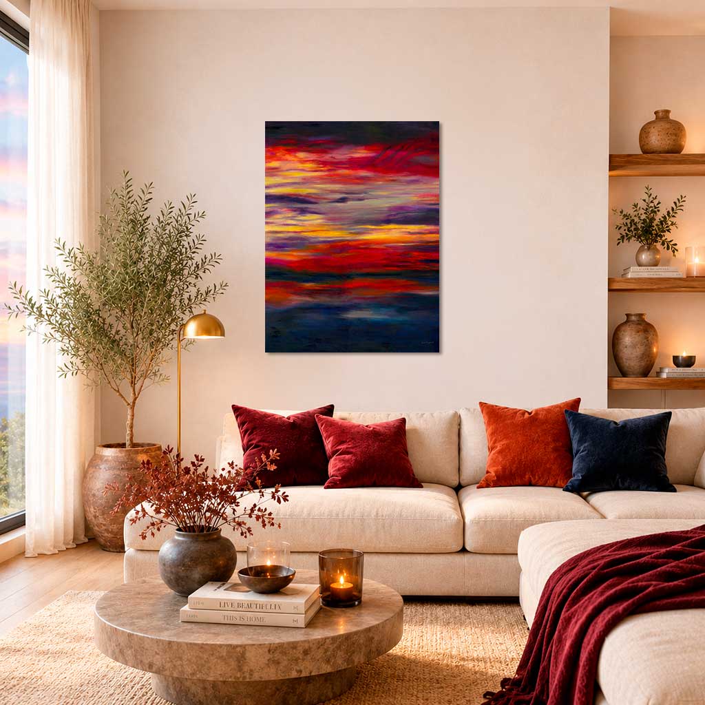 'Midnight Embers' - Original art oil painting in burning red, crimson, vivid yellow, purple and deep navy — dramatic sunset artwork painting, 60x80cm oil on canvas, by Kate Shephard Art.