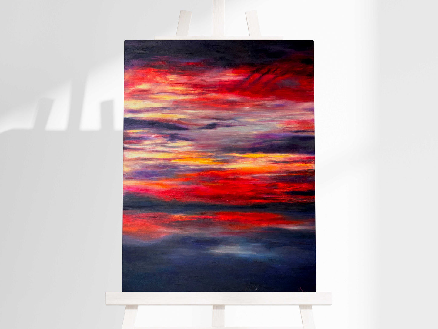 'Midnight Embers' - Original art oil painting in fiery horizontal bands of red, yellow, purple and deep navy — dramatic sunset artwork painting, 60x80cm, one of a kind original oil on canvas, by Kate Shephard Art.
