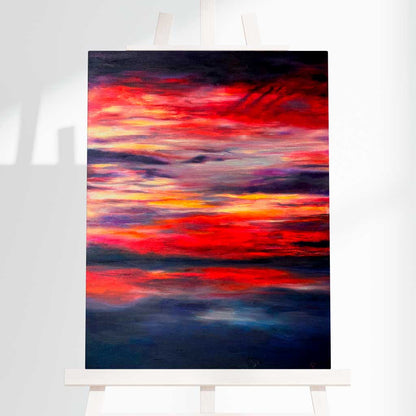 'Midnight Embers' - Original art oil painting in fiery horizontal bands of red, yellow, purple and deep navy — dramatic sunset artwork painting, 60x80cm, one of a kind original oil on canvas, by Kate Shephard Art.