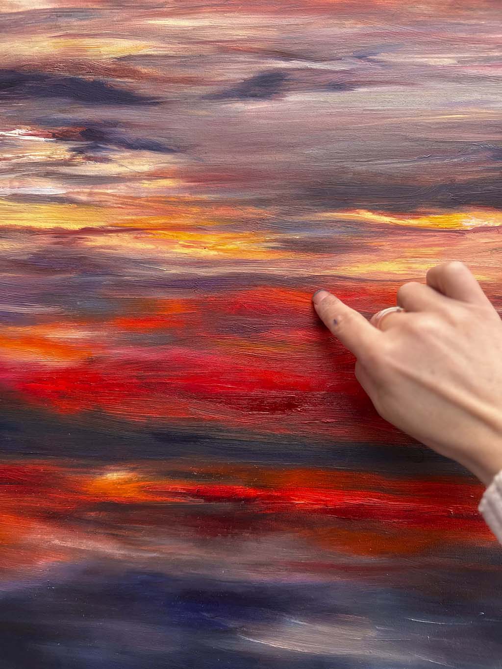 'Midnight Embers' - A dramatic original art oil painting in burning reds, vivid yellows and deep navy charcoal — bold sunset artwork painting with real presence and extraordinary colour, by Kate Shephard Art.
