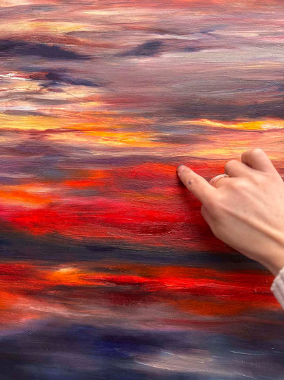 'Midnight Embers' - A dramatic original art oil painting in burning reds, vivid yellows and deep navy charcoal — bold sunset artwork painting with real presence and extraordinary colour, by Kate Shephard Art.