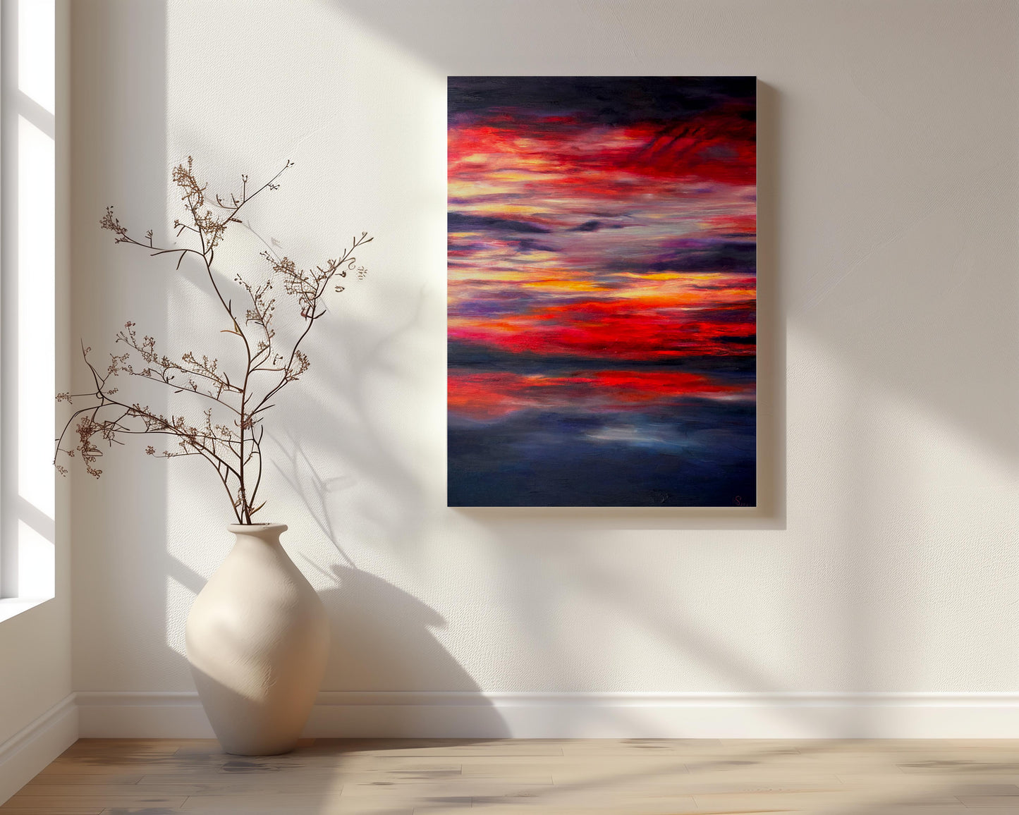'Midnight Embers' - Original oil painting in fiery reds, vivid yellow, purple and deep navy charcoal — dramatic sunset artwork painting with extraordinary presence and real emotional depth, by Kate Shephard Art.