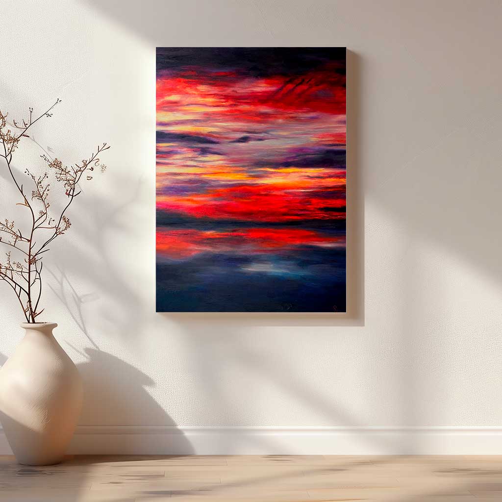 'Midnight Embers' - Original oil painting in fiery reds, vivid yellow, purple and deep navy charcoal — dramatic sunset artwork painting with extraordinary presence and real emotional depth, by Kate Shephard Art.