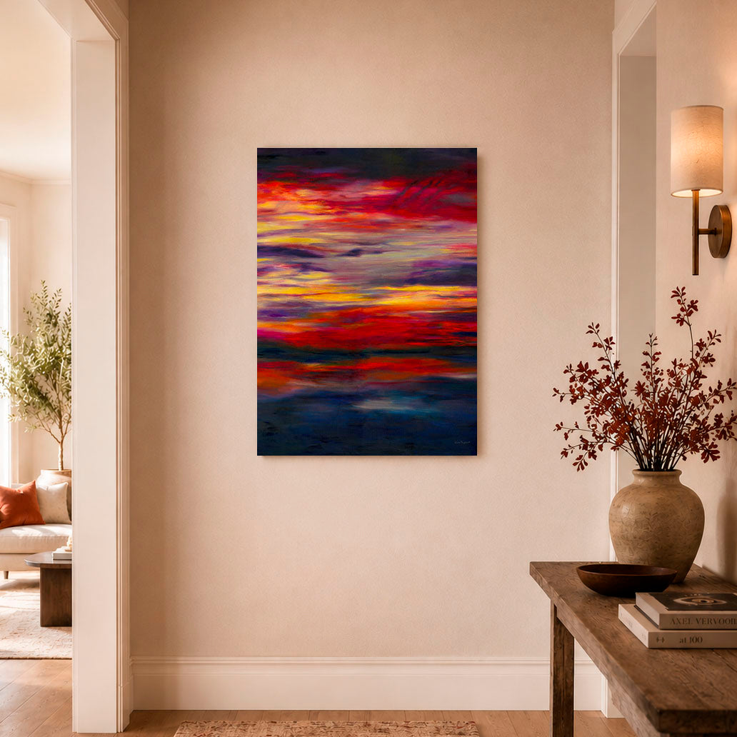 'Midnight Embers' - Original oil painting in fiery burning crimson, vivid yellow, purple and deep navy — dramatic sunset artwork painting, 60x80cm oil on canvas, by Kate Shephard Art.