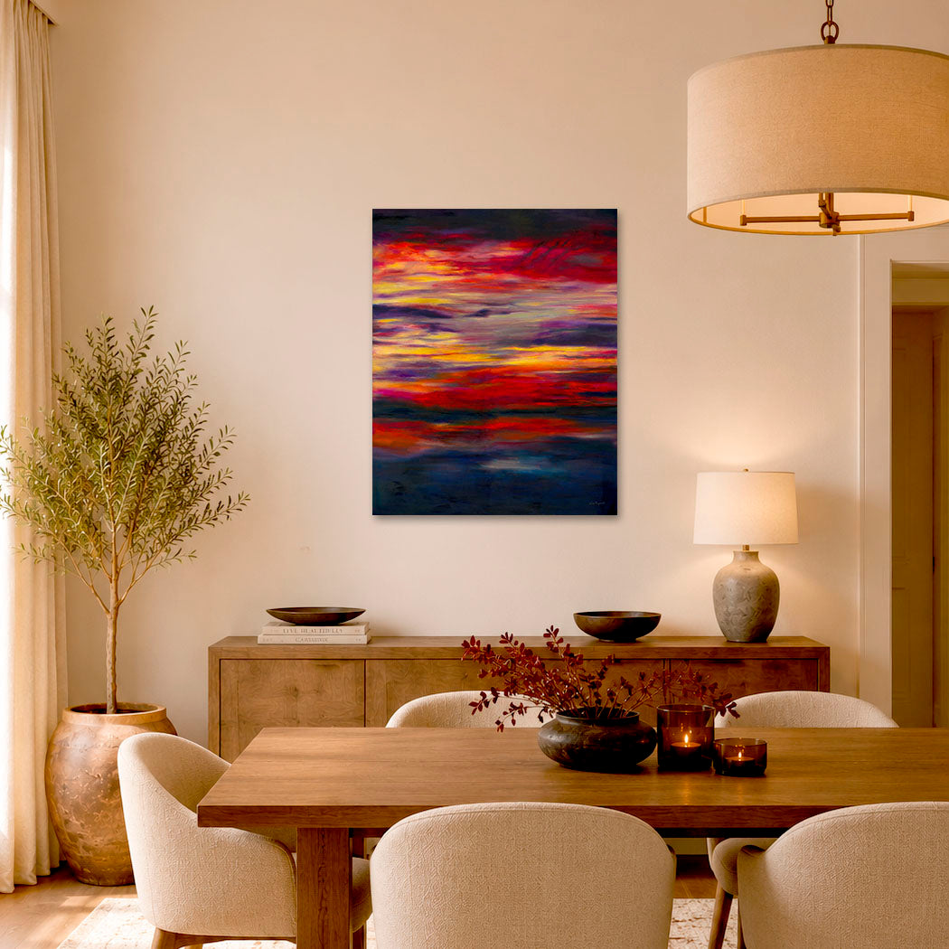 'Midnight Embers' - A one-of-a-kind original art oil painting in horizontal bands of burning crimson, vivid yellow and deep navy — bold dramatic sunset artwork painting for soulful contemporary interiors, by Kate Shephard Art.