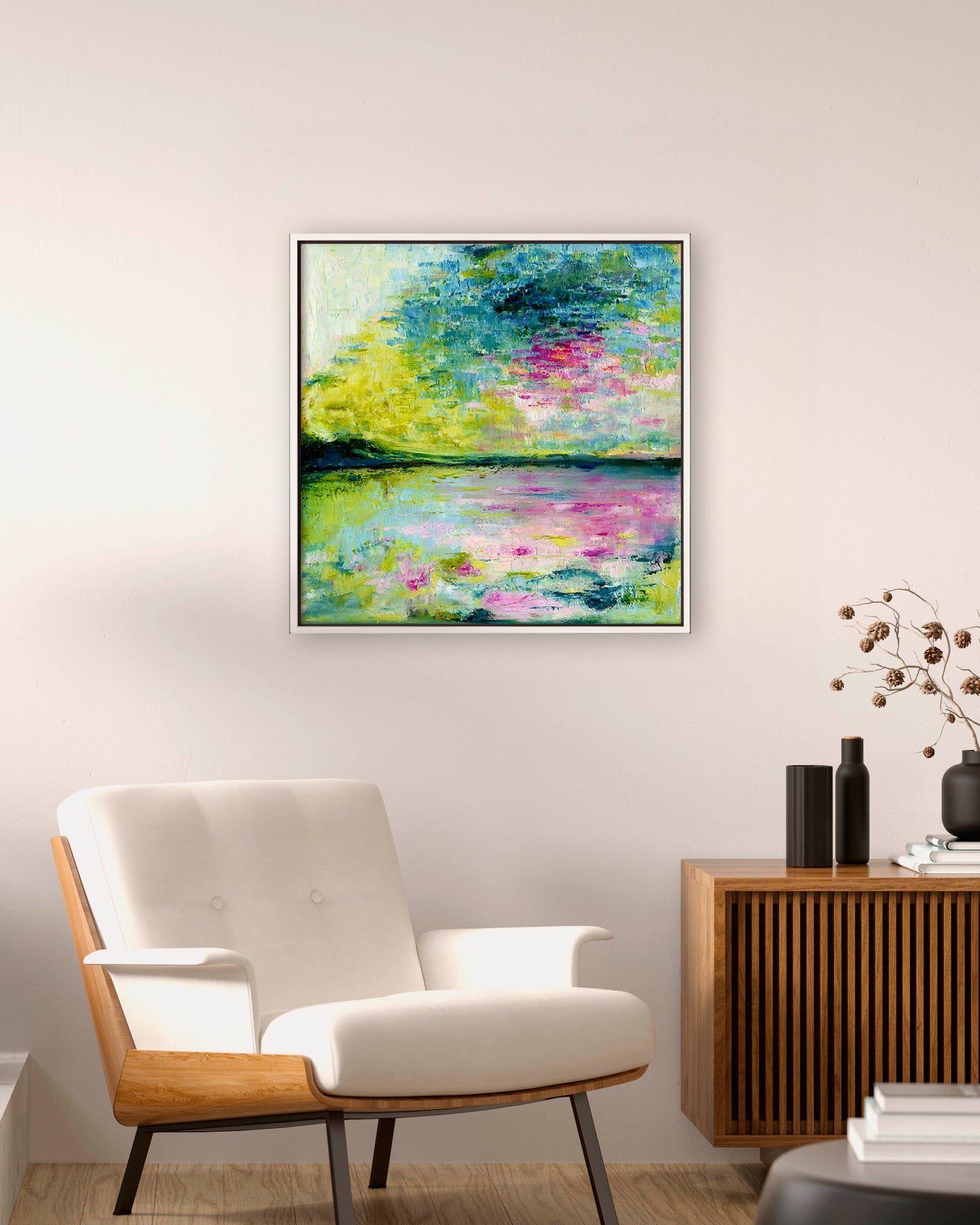 'Echoes in Still Water' - Original calm abstract art for bedroom wall, soft neutral colour palette on canvas.