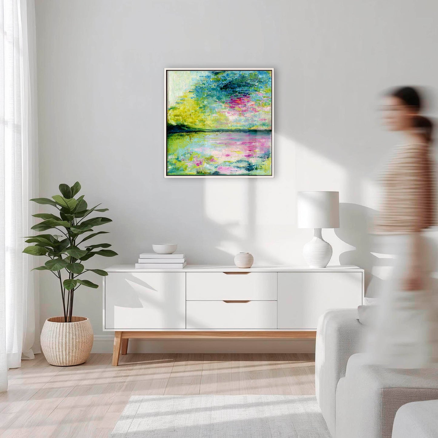 'Echoes in Still Water' - Calm abstract art hung on a white wall, bringing stillness and peace to a living room.