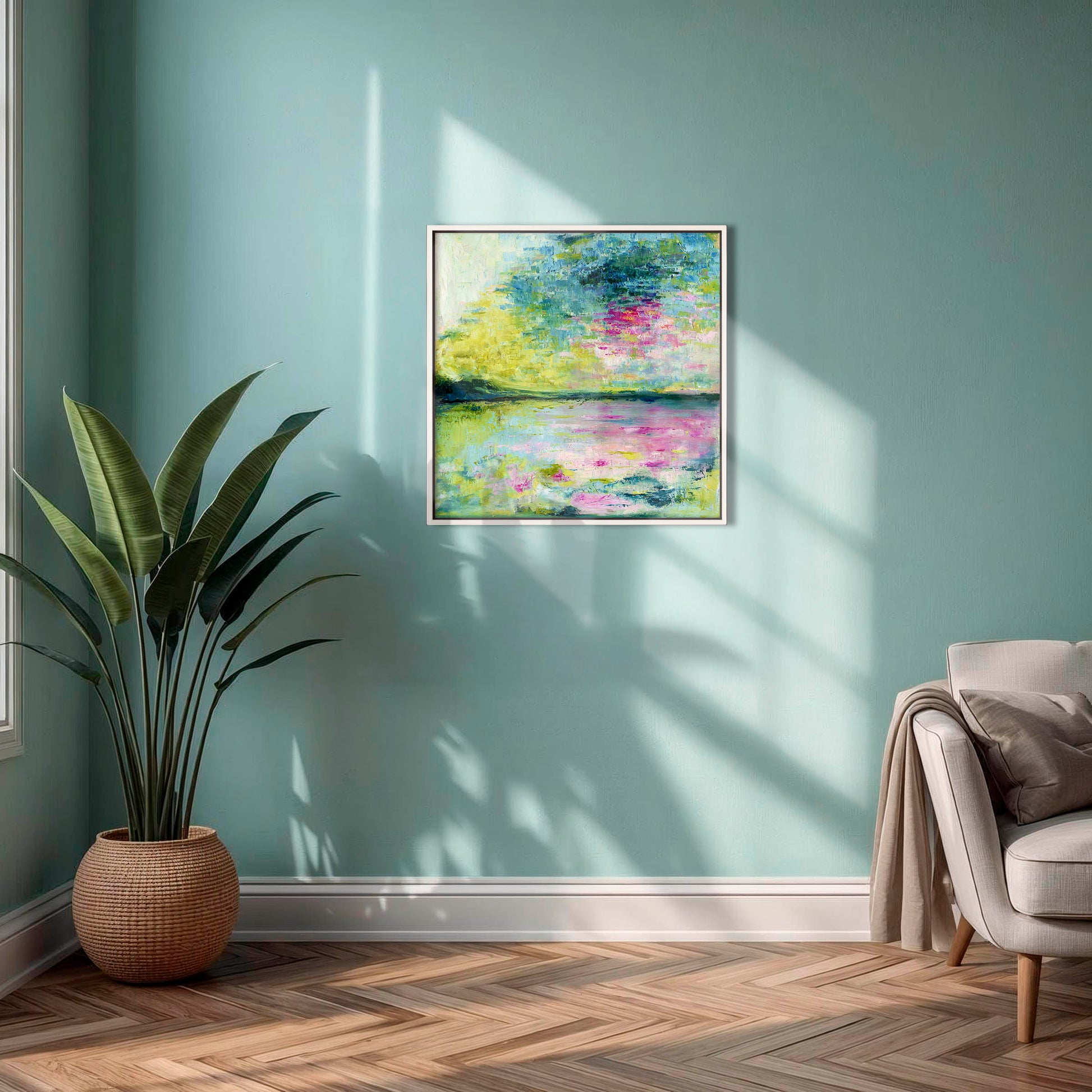 'Echoes in Still Water' - Original calm abstract art in soft blues, muted greys and creamy white, oil on canvas.