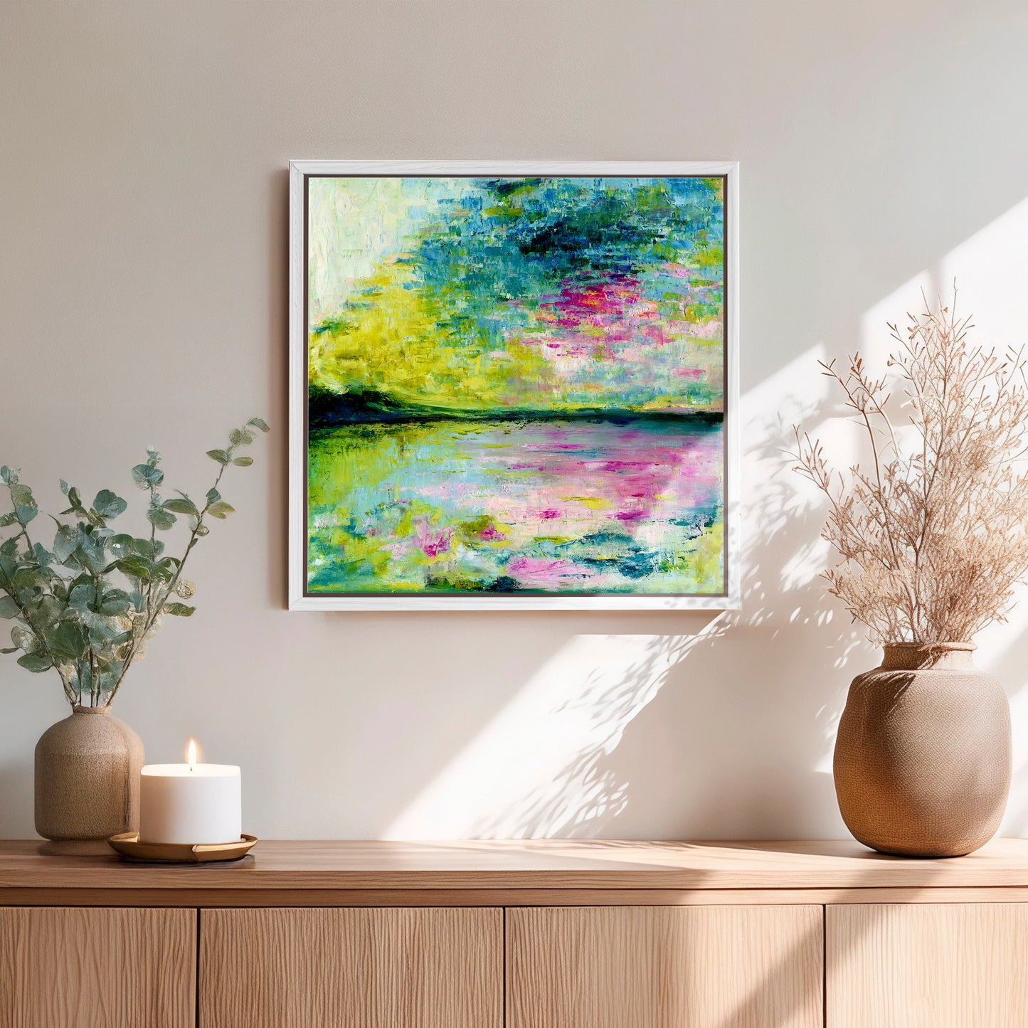 'Echoes in Still Water' - Framed original calm abstract art with gentle flowing brushwork in muted serene tones.
