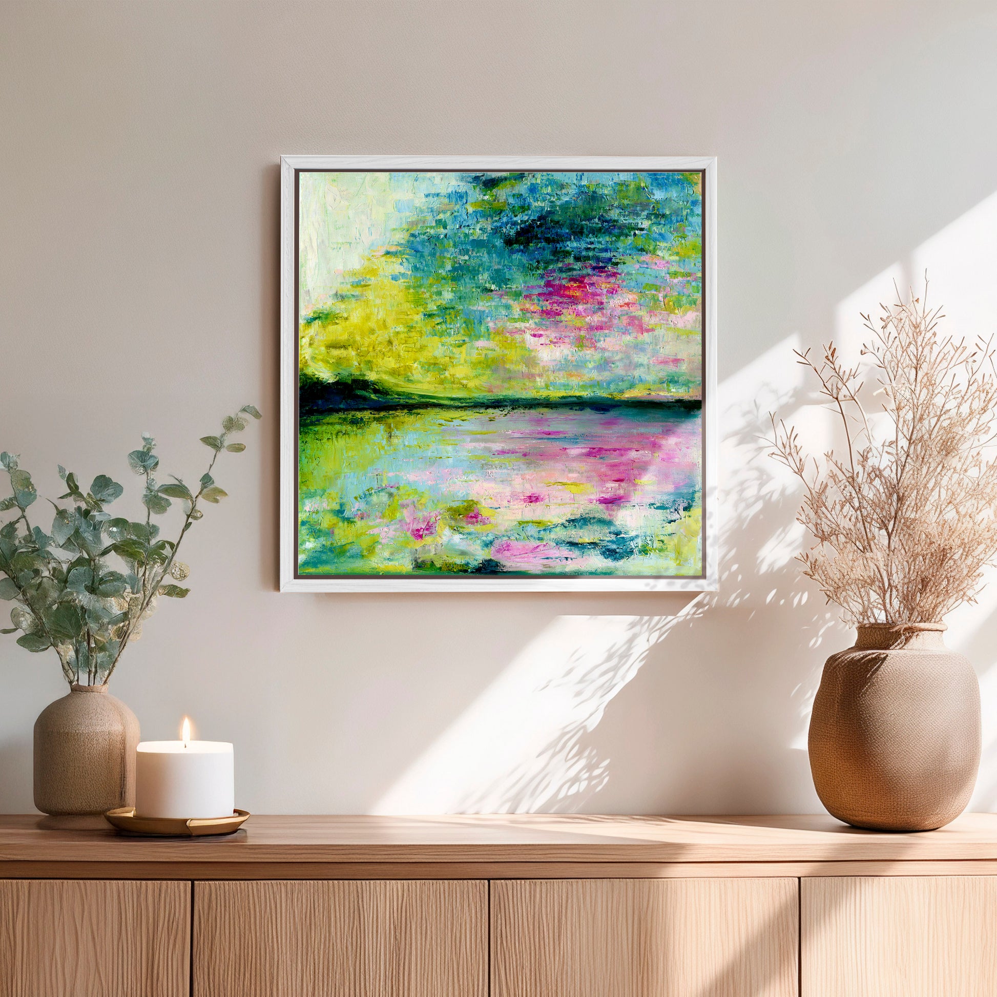 'Echoes in Still Water' - Framed original calm abstract art with gentle flowing brushwork in muted serene tones.
