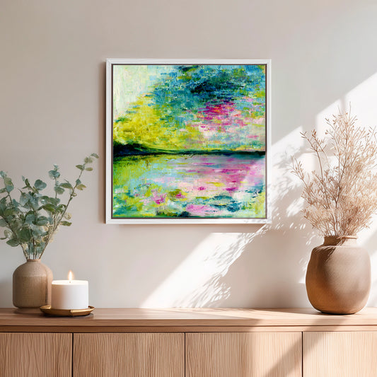 'Echoes in Still Water' - Framed original calm abstract art with gentle flowing brushwork in muted serene tones.