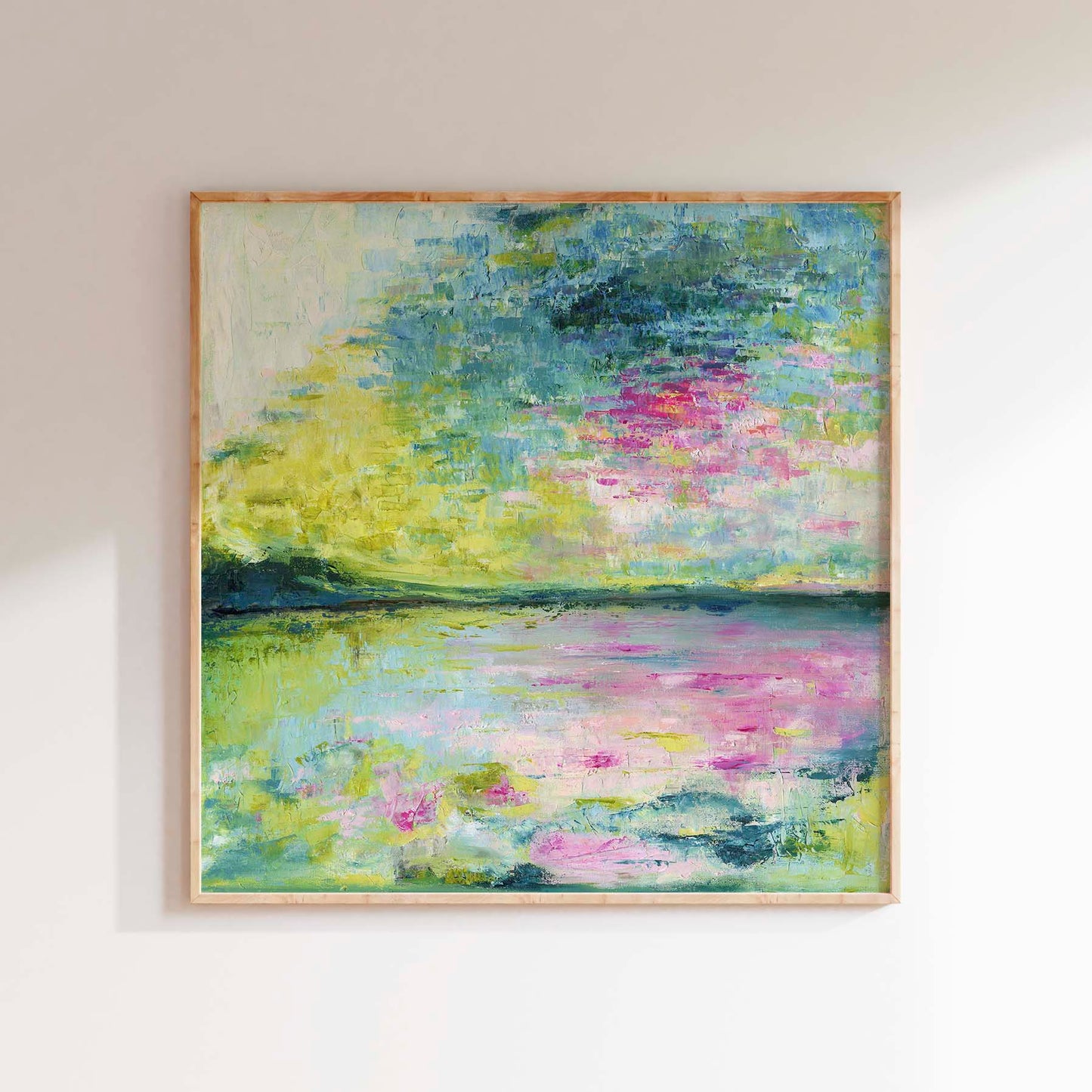 'Echoes in Still Water' - A softly meditative abstract waterscape canvas print in muted blue, grey and creamy white — gentle oil painting about stillness, reflection and finding peace in the quiet moments, by Kate Shephard Art.