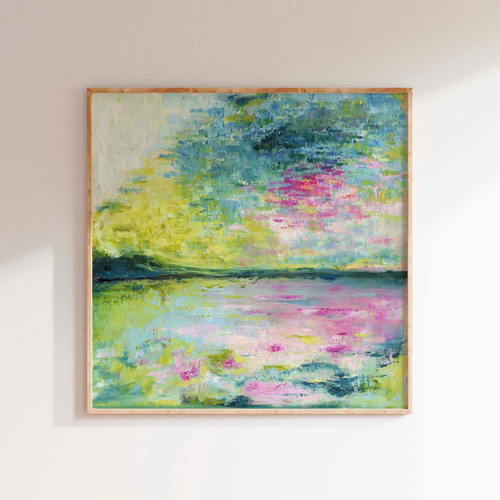 'Echoes in Still Water' - A softly meditative abstract waterscape canvas print in muted blue, grey and creamy white — gentle oil painting about stillness, reflection and finding peace in the quiet moments, by Kate Shephard Art.