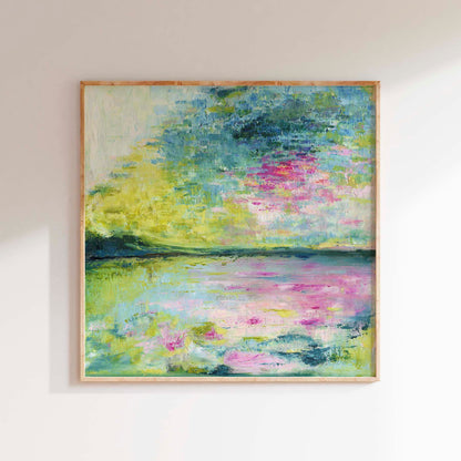 'Echoes in Still Water' - A softly meditative abstract waterscape canvas print in muted blue, grey and creamy white — gentle oil painting about stillness, reflection and finding peace in the quiet moments, by Kate Shephard Art.