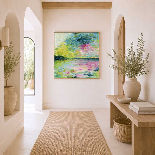 'Echoes in Still Water' - Soft blue and grey abstract Coastal Wall Art print bringing calm and stillness to bedroom walls.